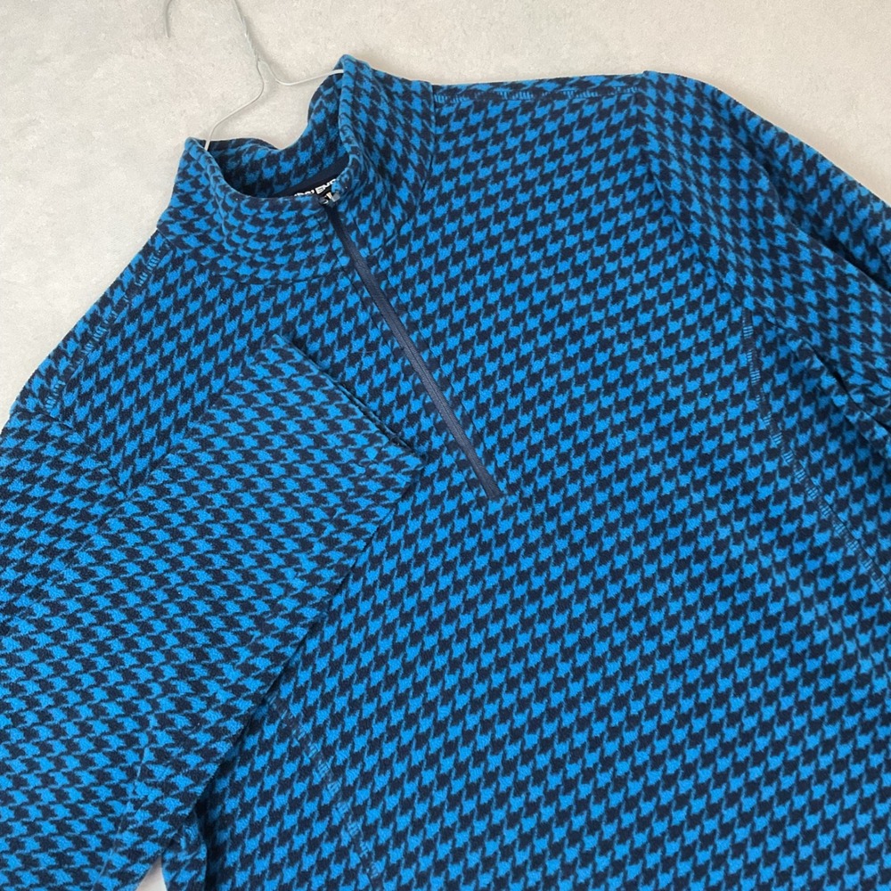 Lands End Womens Blue Houndstooth Fleece Quarter Zip Pullover Mock Neck LT 14-16